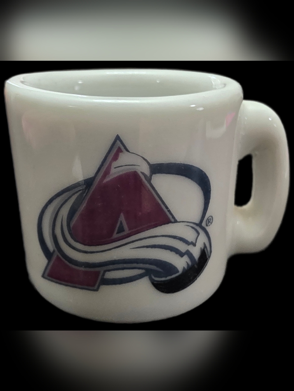 White Colorado Avalanche mini ceramic mug featuring the classic team logo